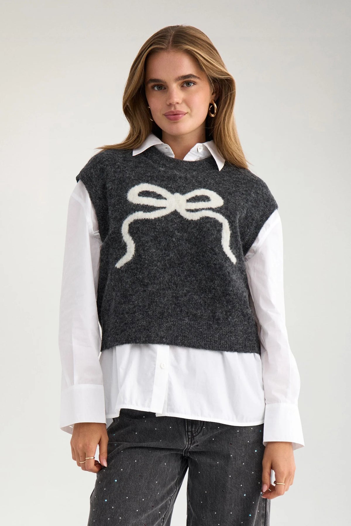 NURIETTE BOW VEST - Dark grey melange