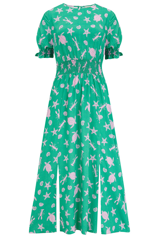 Lindsay Shirred Midi Dress - Green/Pink, Sea Cove