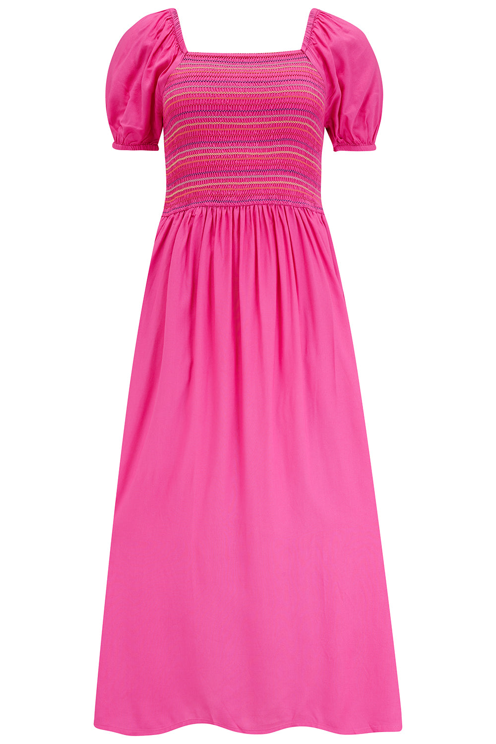 Octavia Midi Shirred Dress - Dark Pink, Rainbow Shirring