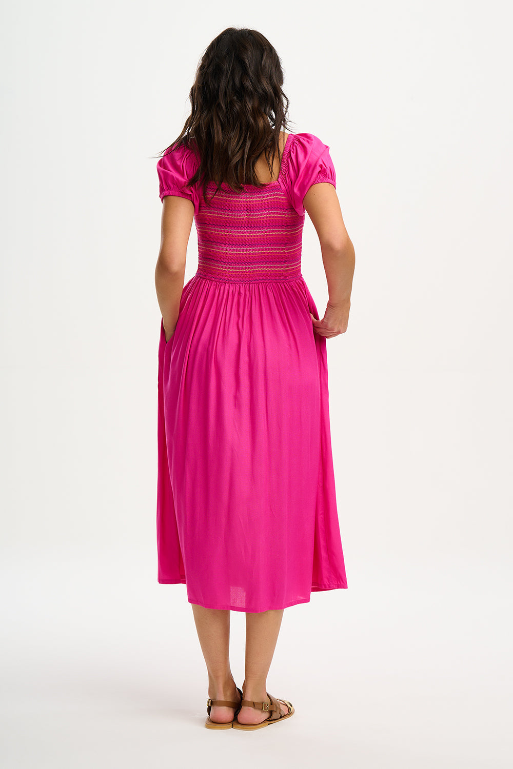Octavia Midi Shirred Dress - Dark Pink, Rainbow Shirring