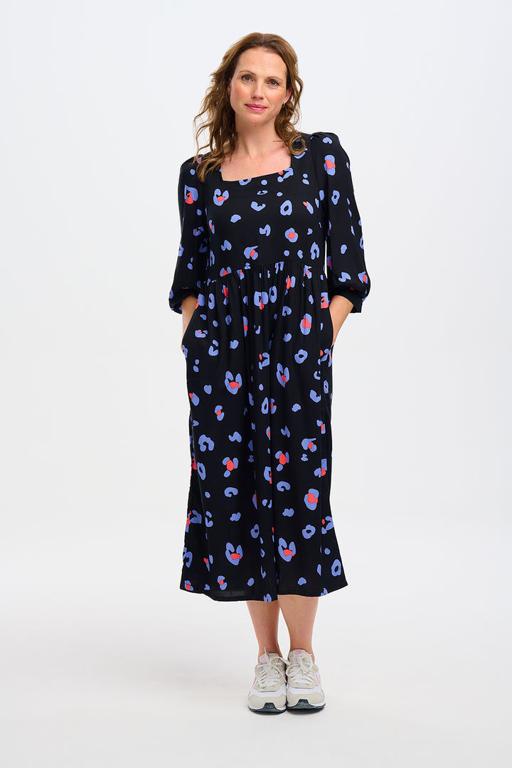 Rissa Midi Smock Dress - Black, Colour Pop Leopard