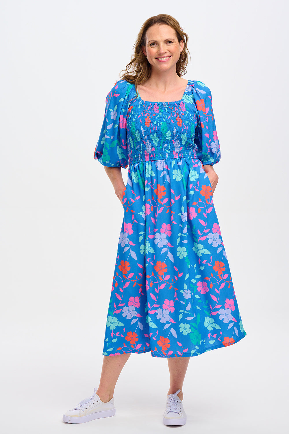 Raquel Midi Shirred Dress - Blue, Rainbow Floral Vine