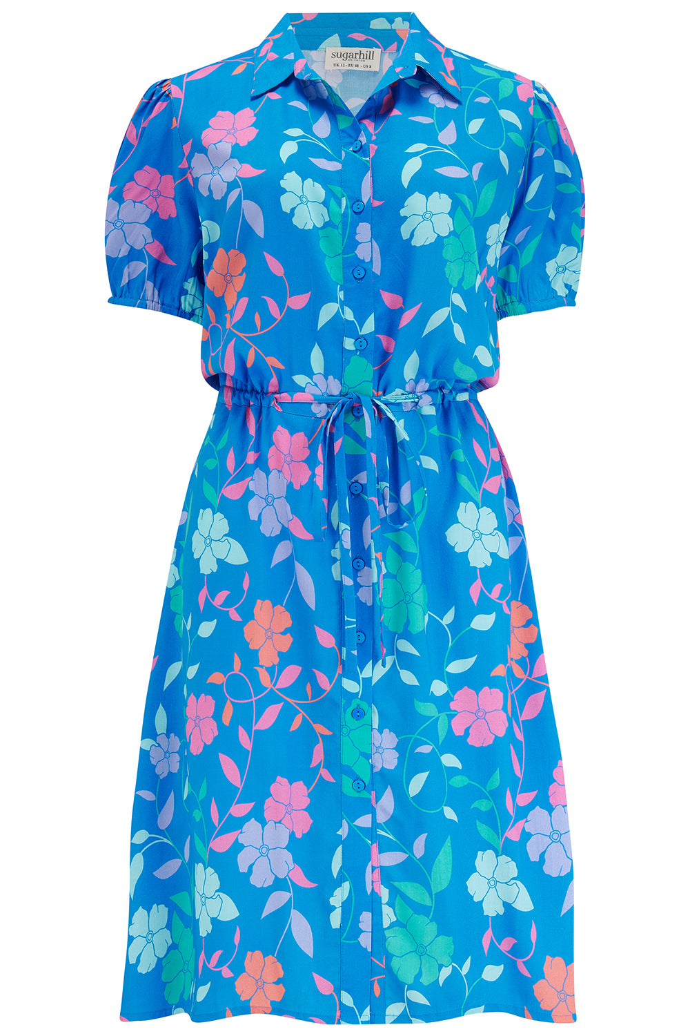 Salma Shirt Dress - Blue, Rainbow Floral Vine