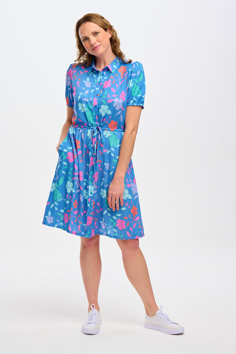 Salma Shirt Dress - Blue, Rainbow Floral Vine