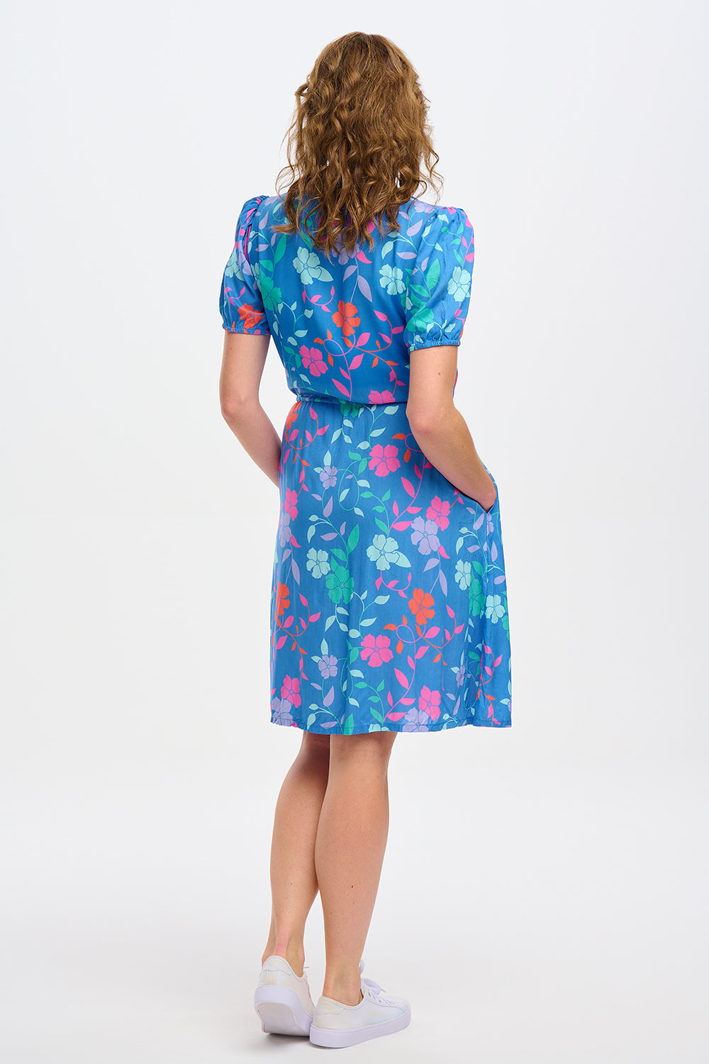 Salma Shirt Dress - Blue, Rainbow Floral Vine