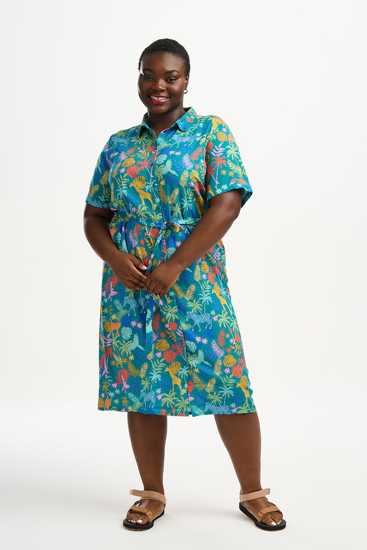 Justine Midi Shirt Dress - Teal, Rainbow Jungle