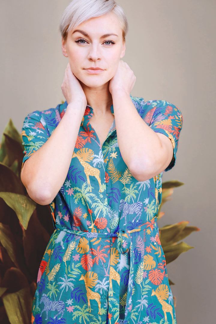Justine Midi Shirt Dress - Teal, Rainbow Jungle