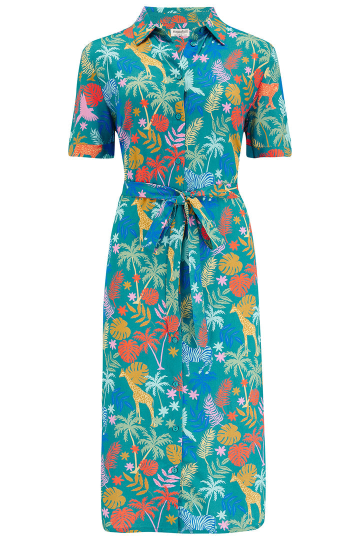 Justine Midi Shirt Dress - Teal, Rainbow Jungle