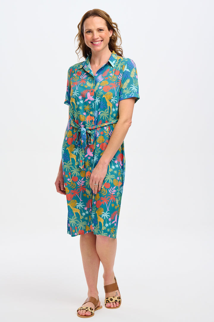 Justine Midi Shirt Dress - Teal, Rainbow Jungle