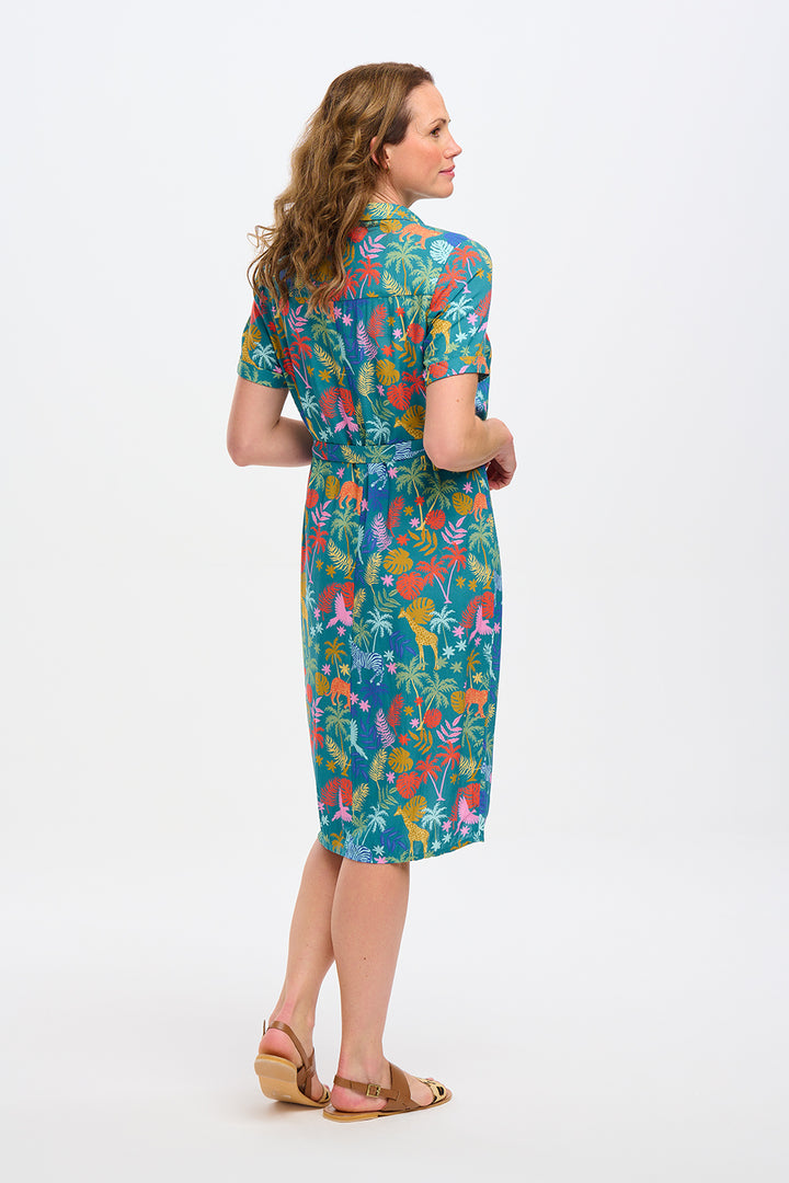 Justine Midi Shirt Dress - Teal, Rainbow Jungle