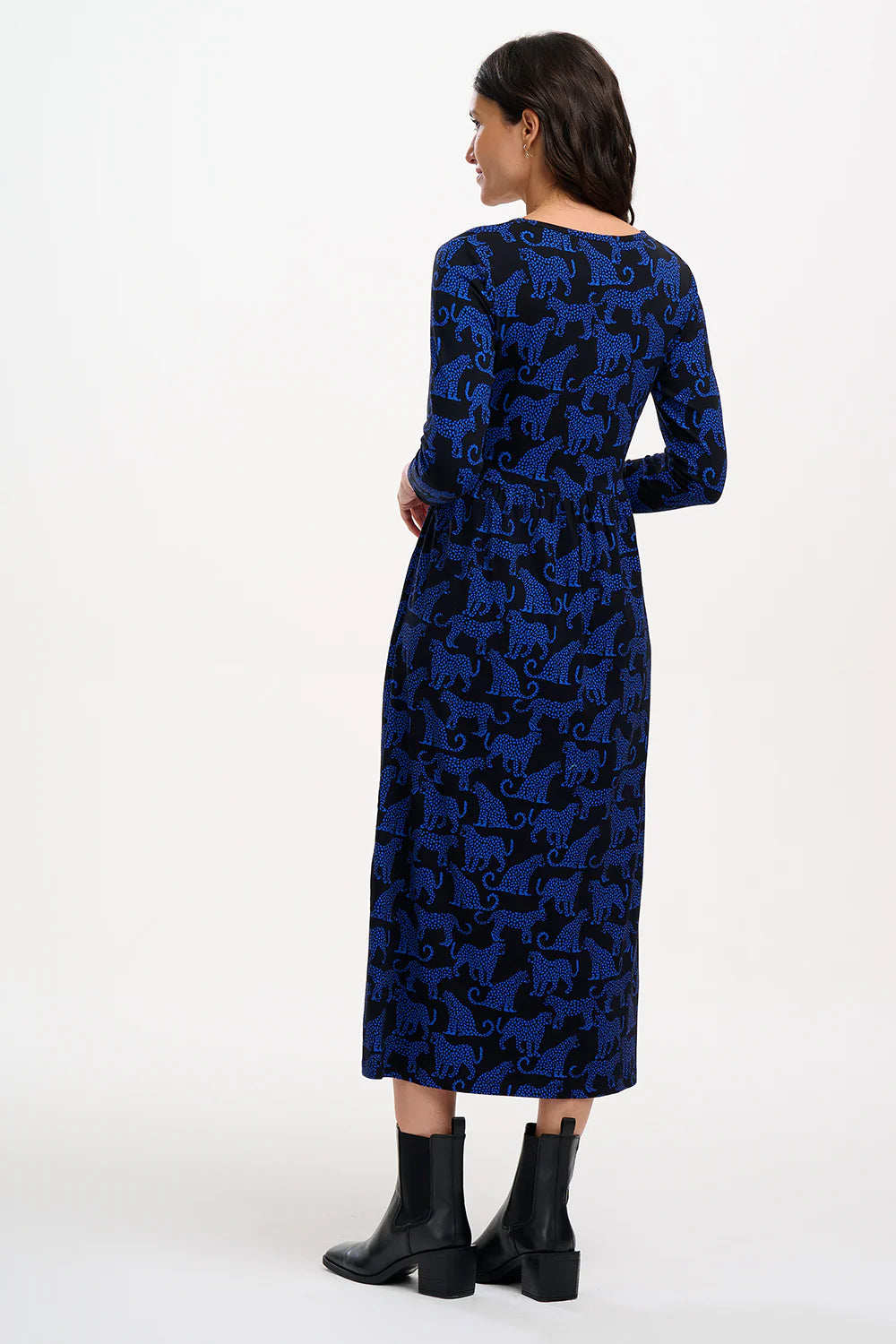 Evelyn Midi Jersey Dress - Black/Blue, Leopard Spots