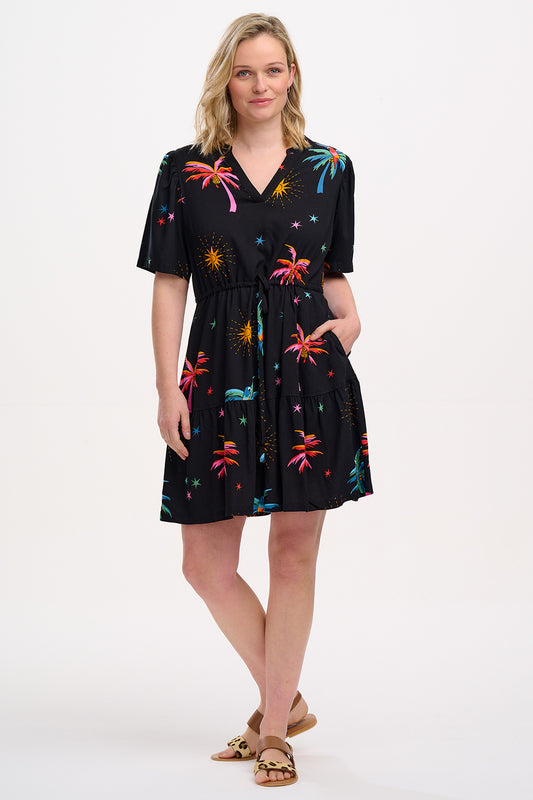 Sabine Mini Dress - Black Palms & Sunshine