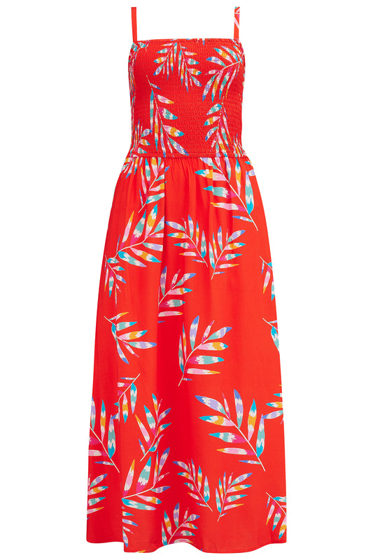 Christabel Shirred Midi Dress - Red, Rainbow Fronds