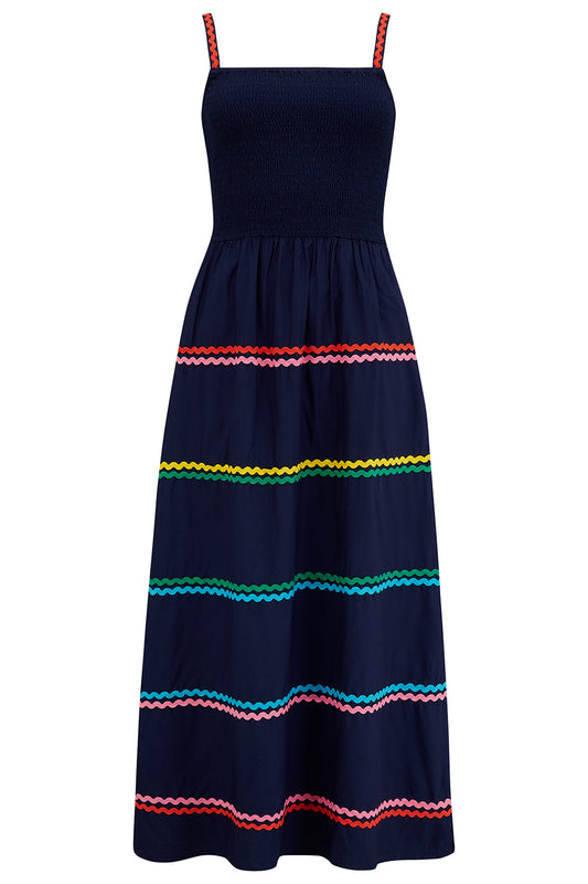 Penrose Shirred Sundress - Navy, Rainbow Ric Rac
