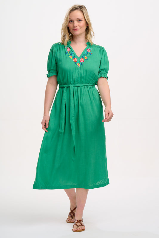 Carlota Midi Dress - Green, Folk Floral Embroidery