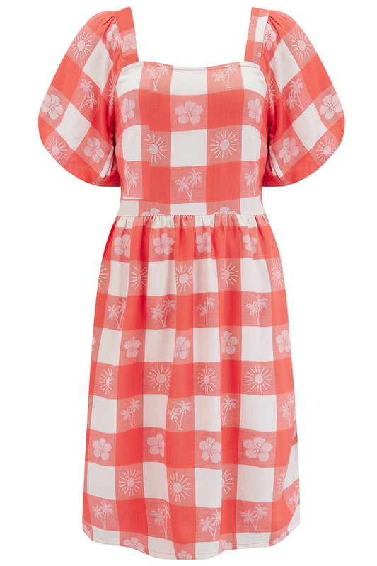 Freya Mini Dress - Off-White/Coral, Tropical Gingham