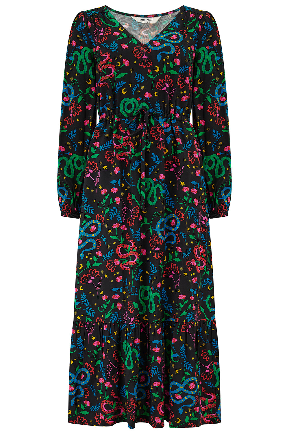 Roxanne Maxi Tiered Dress - Black, Snake Floral