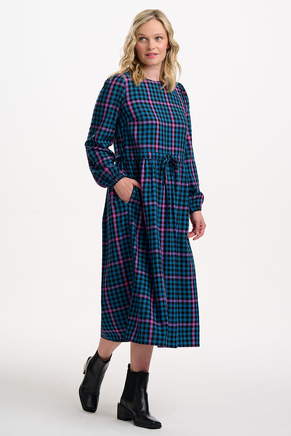 Yasmin Smock Midi Dress - Black/Teal, Twilight Gingham