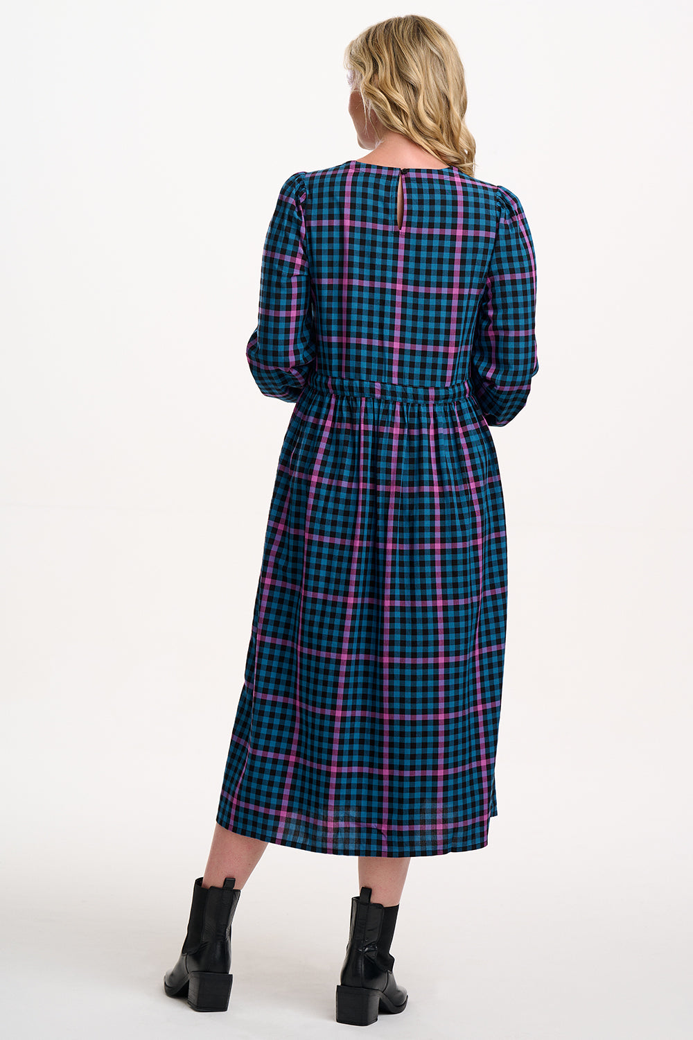 Yasmin Smock Midi Dress - Black/Teal, Twilight Gingham