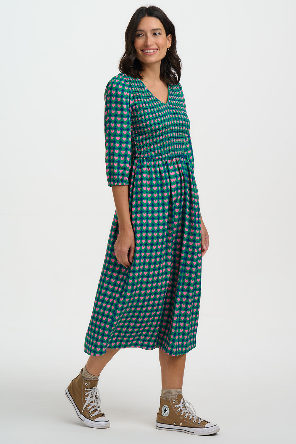 Della Shirred Midi Dress - Navy, Heart Tile