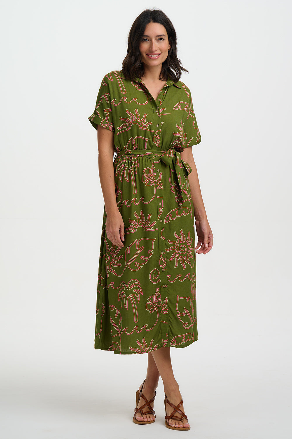 Leigh Midi Shirt Dress - Khaki, Tropical Line Drawing