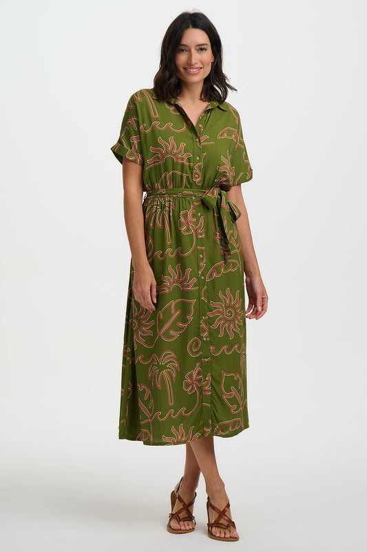 Leigh Midi Shirt Dress - Khaki, Tropical Line Drawing