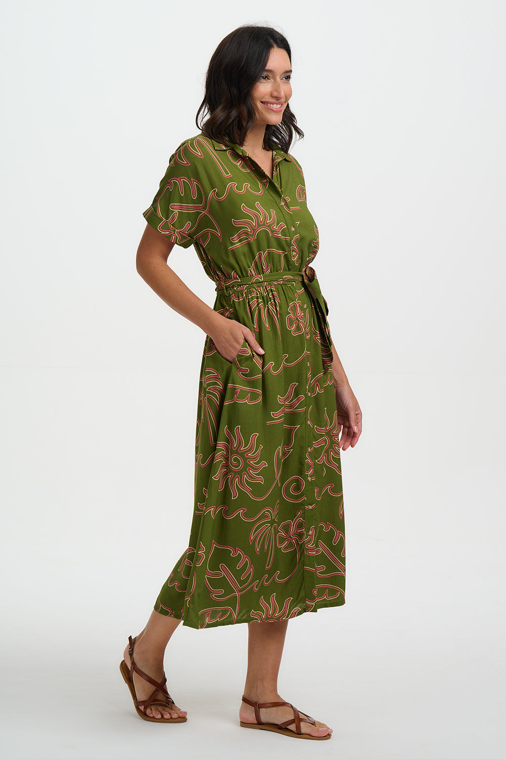 Leigh Midi Shirt Dress - Khaki, Tropical Line Drawing
