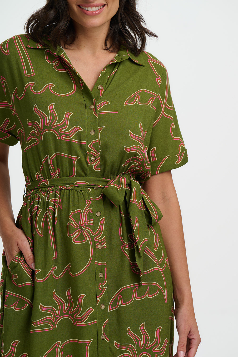 Leigh Midi Shirt Dress - Khaki, Tropical Line Drawing