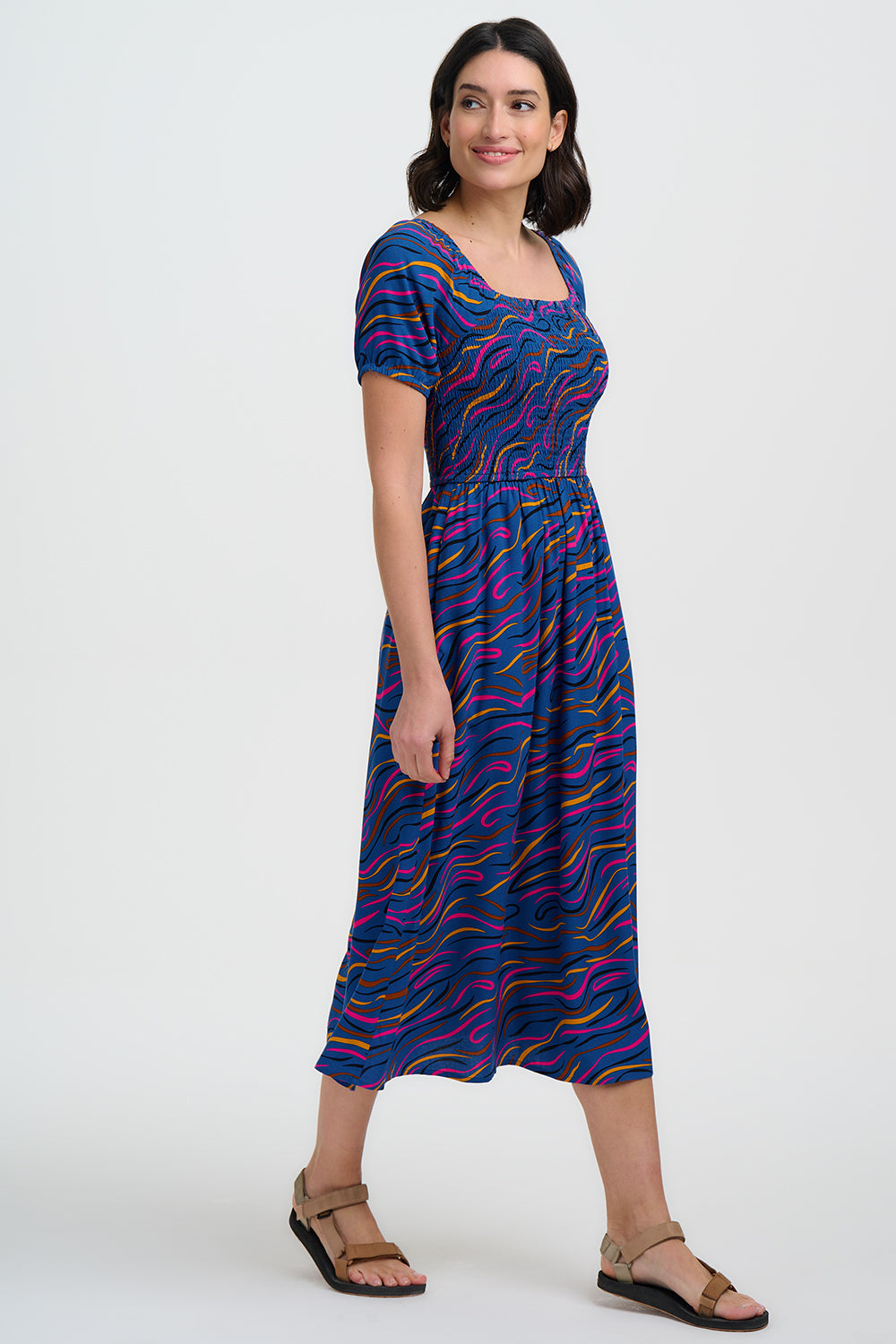 Jolene Shirred Midi Dress - Bright Navy, Jazz Waves