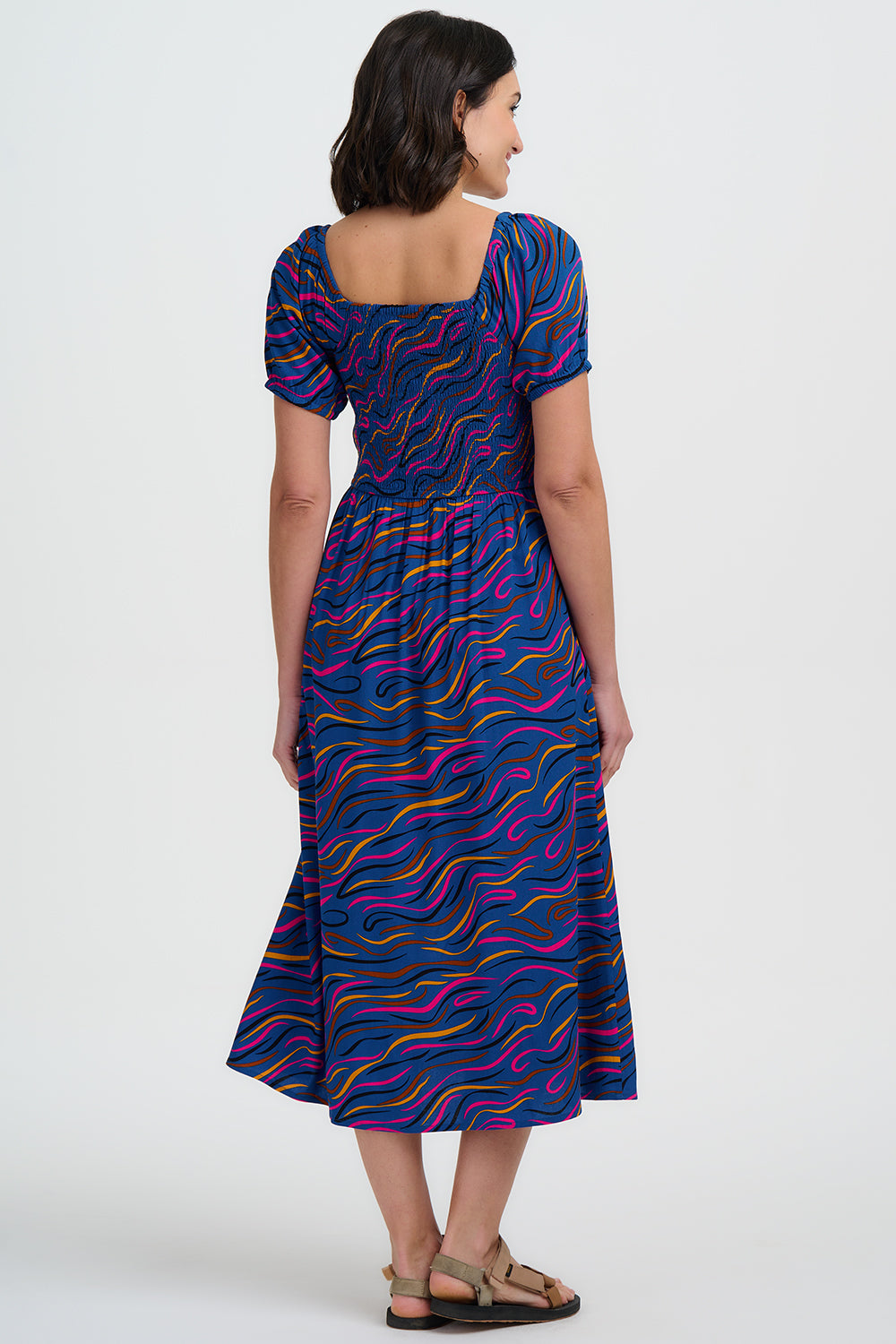 Jolene Shirred Midi Dress - Bright Navy, Jazz Waves