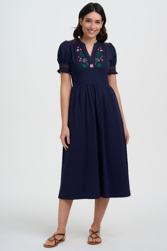 Esme Jersey Midi Dress - Navy, Tropic Palm Embroidery