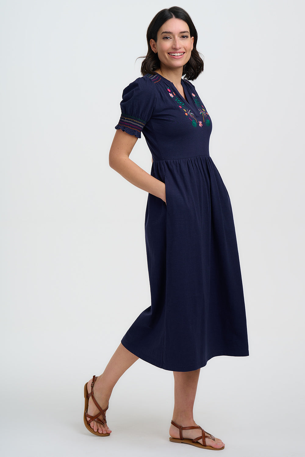 Esme Jersey Midi Dress - Navy, Tropic Palm Embroidery