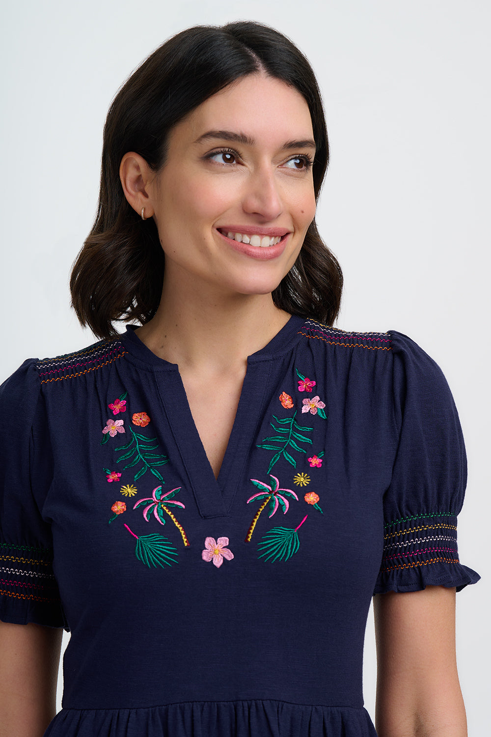 Esme Jersey Midi Dress - Navy, Tropic Palm Embroidery
