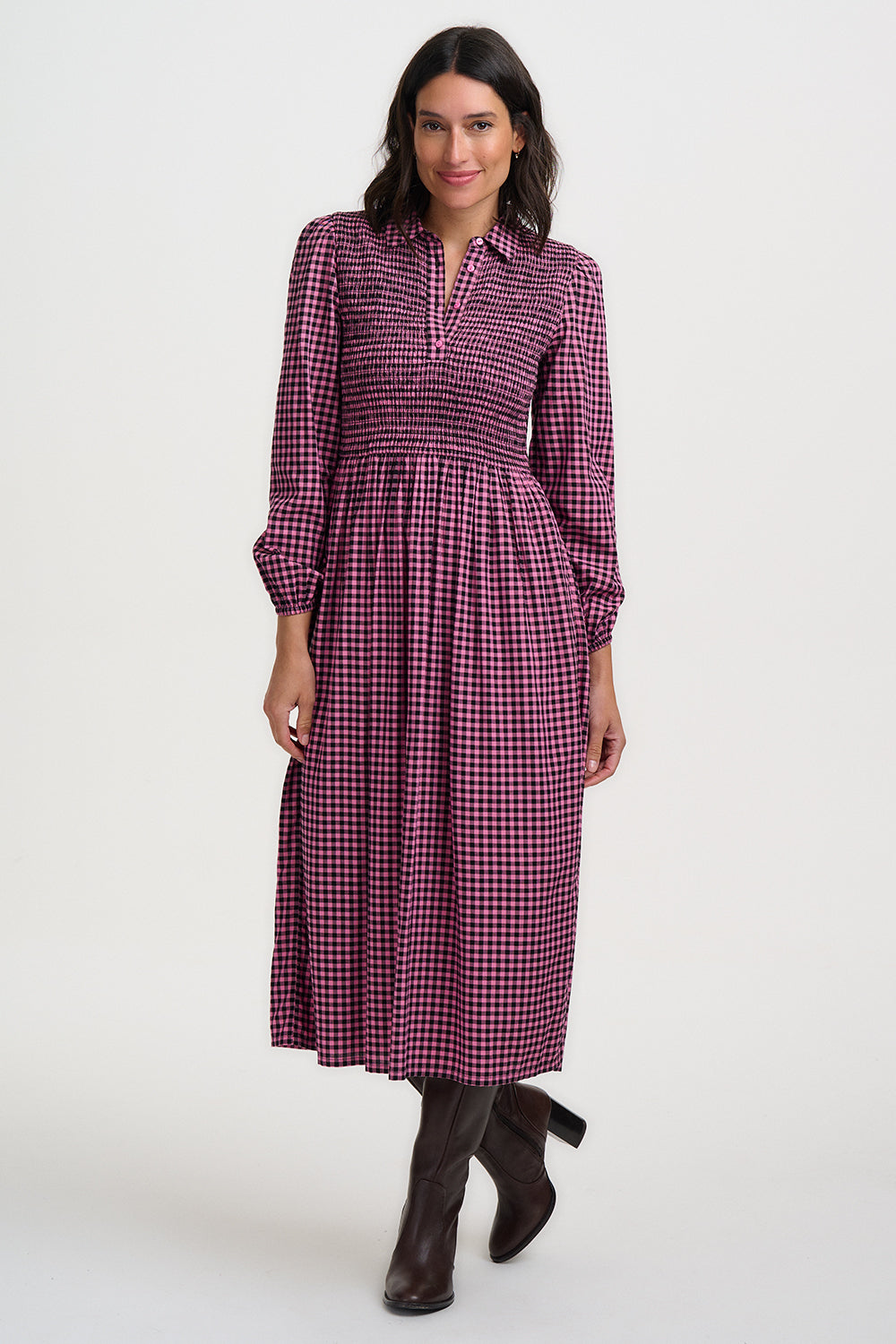 Diana Shirred Midi Dress - Rose Gingham