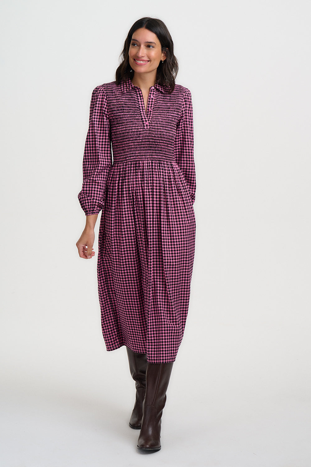 Diana Shirred Midi Dress - Rose Gingham