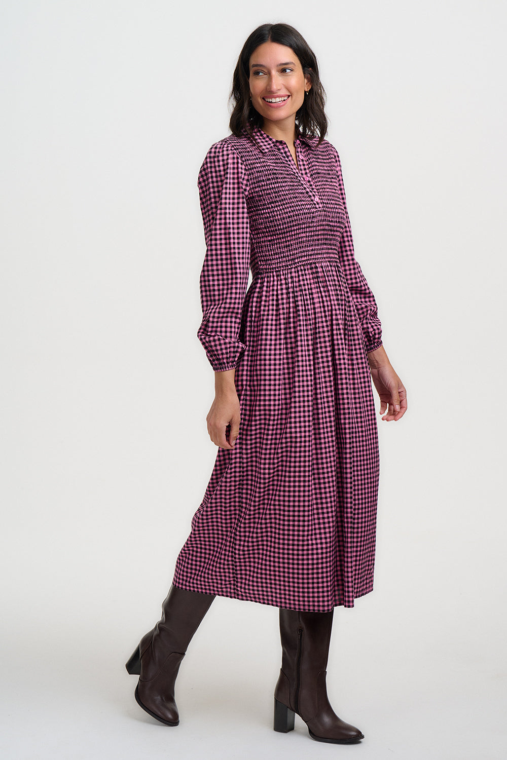 Diana Shirred Midi Dress - Rose Gingham