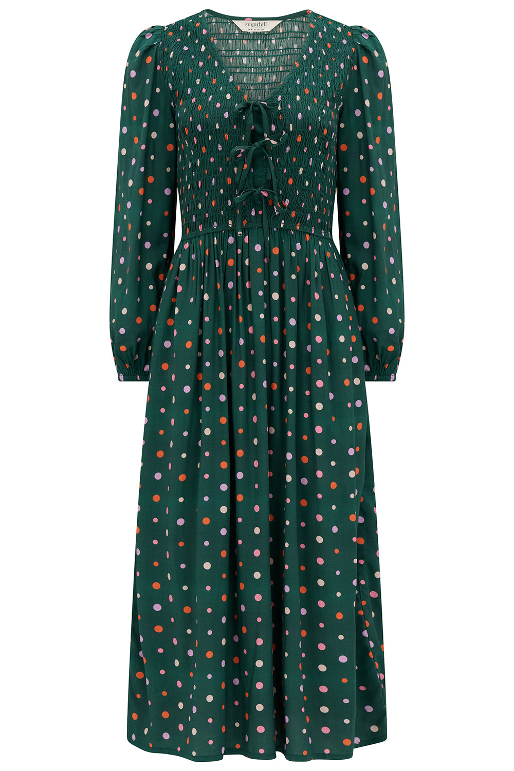 Kasia Shirred Midi Dress - Dark Green Dots