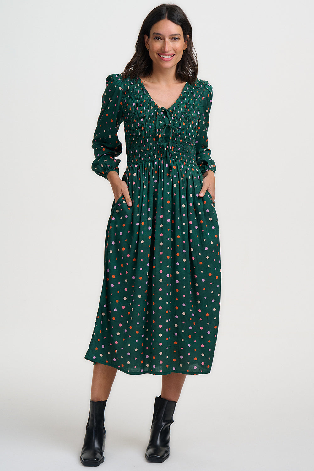 Kasia Shirred Midi Dress - Dark Green Dots