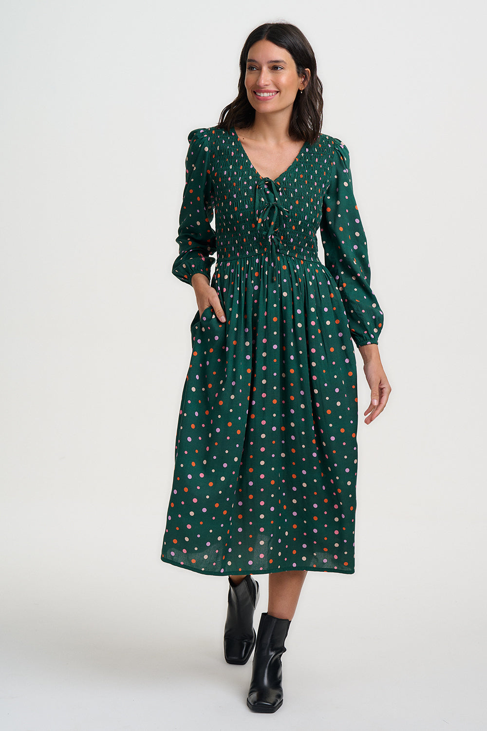 Kasia Shirred Midi Dress - Dark Green Dots