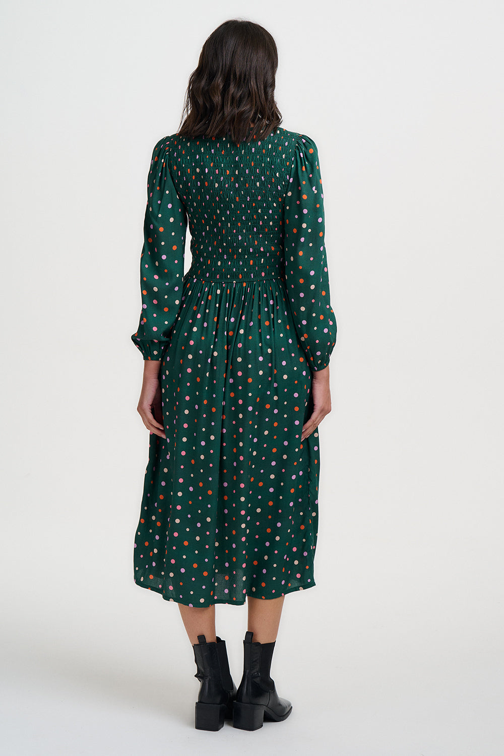 Kasia Shirred Midi Dress - Dark Green Dots