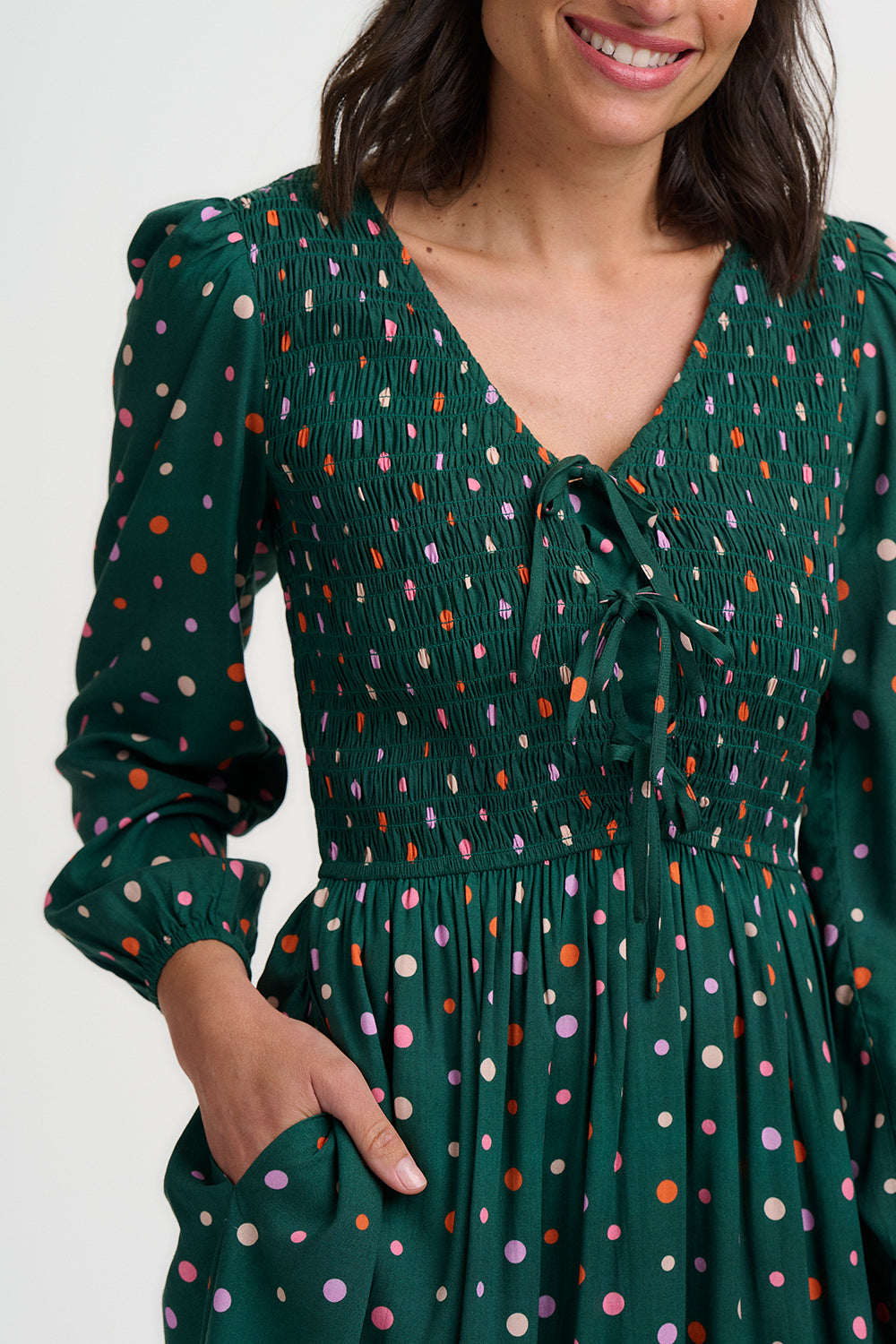 Kasia Shirred Midi Dress - Dark Green Dots