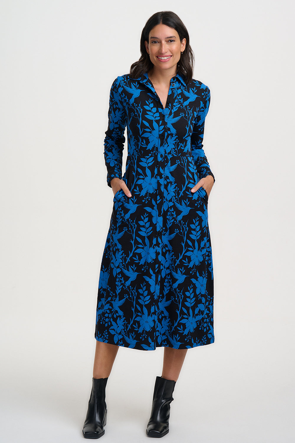 Sylvia Jersey Midi Shirt Dress - Black Hummingbird