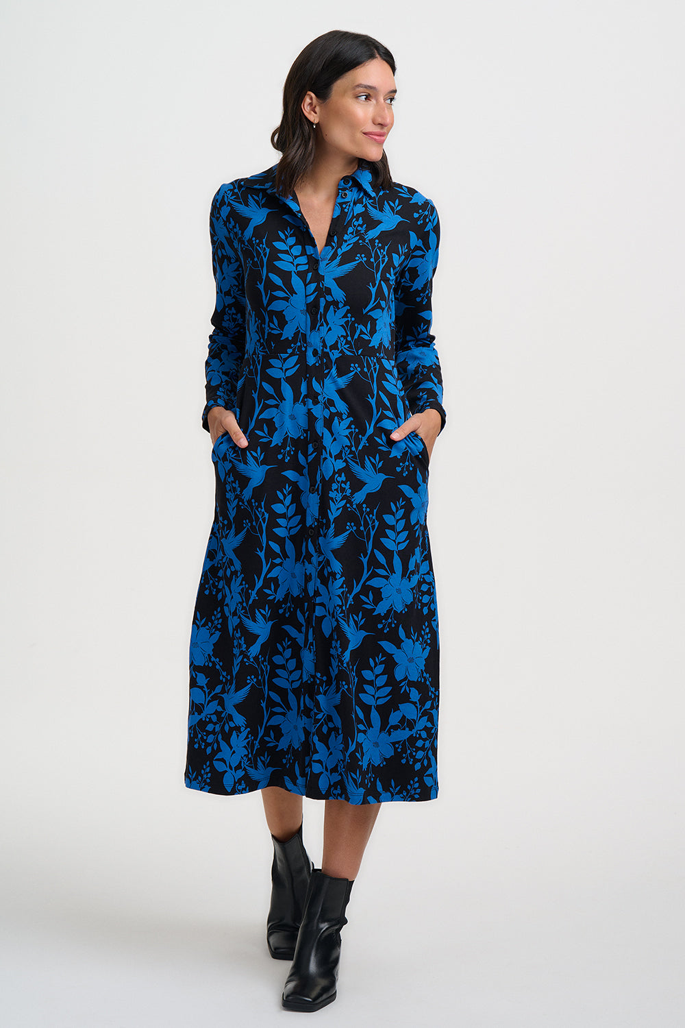 Sylvia Jersey Midi Shirt Dress - Black Hummingbird