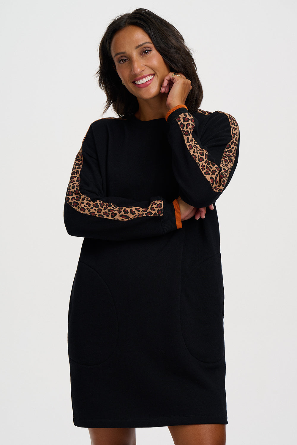 Marta Sweatshirt Dress - Black Leopard Trim