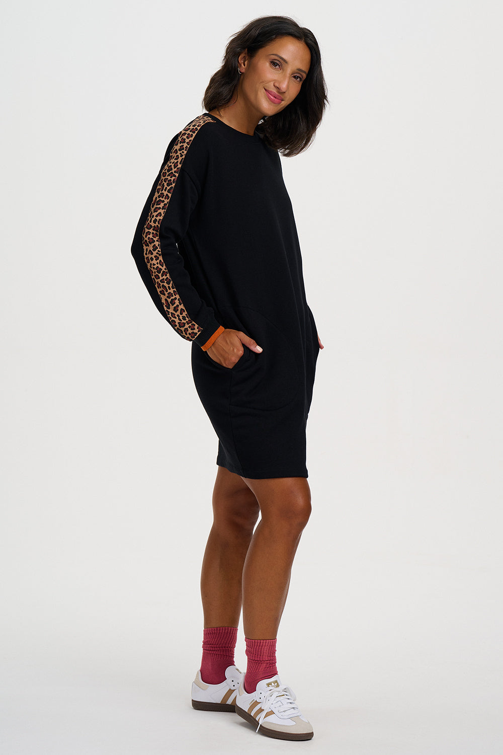 Marta Sweatshirt Dress - Black Leopard Trim