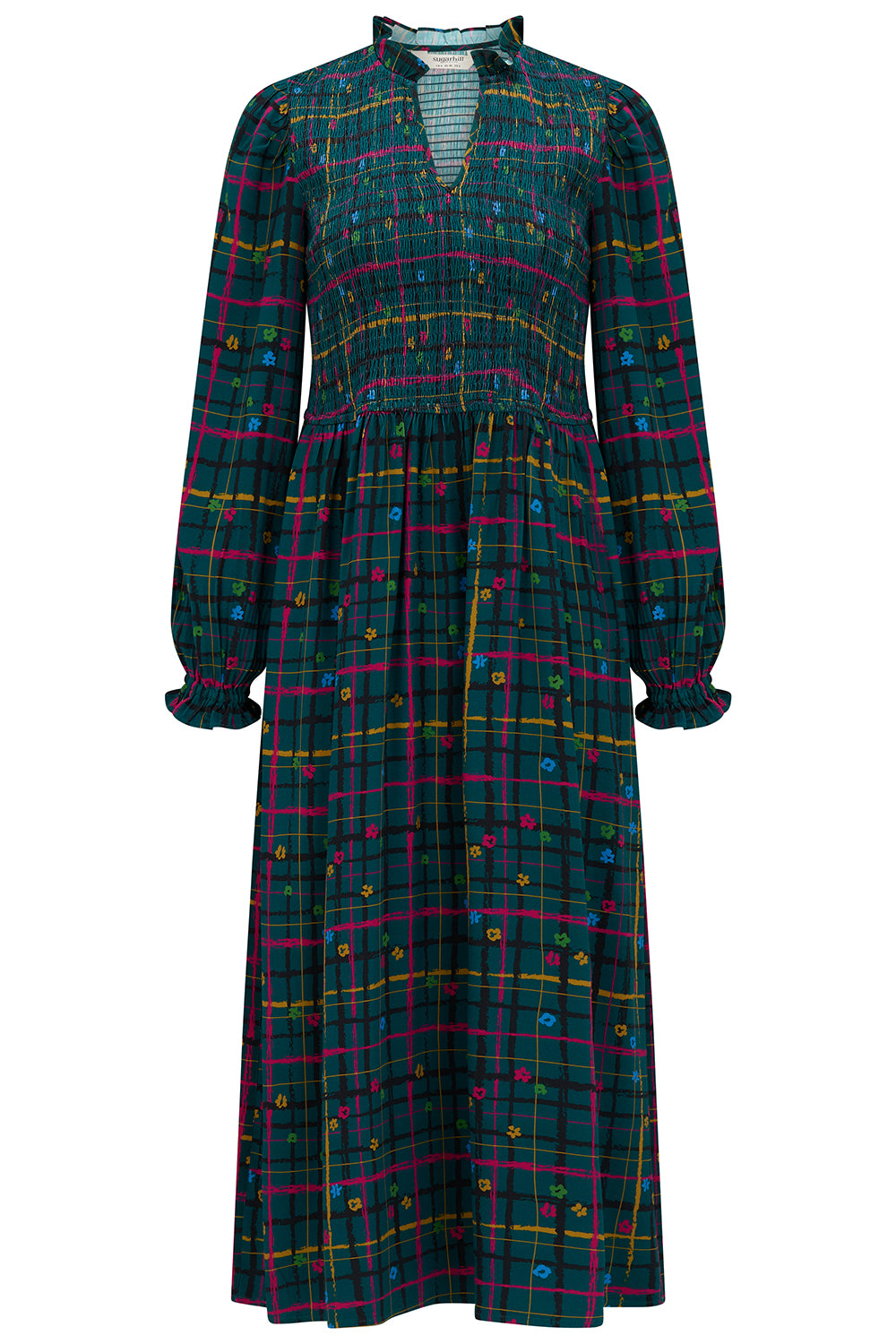 Annalee Shirred Midi Dress - Teal Green, Doodle Check
