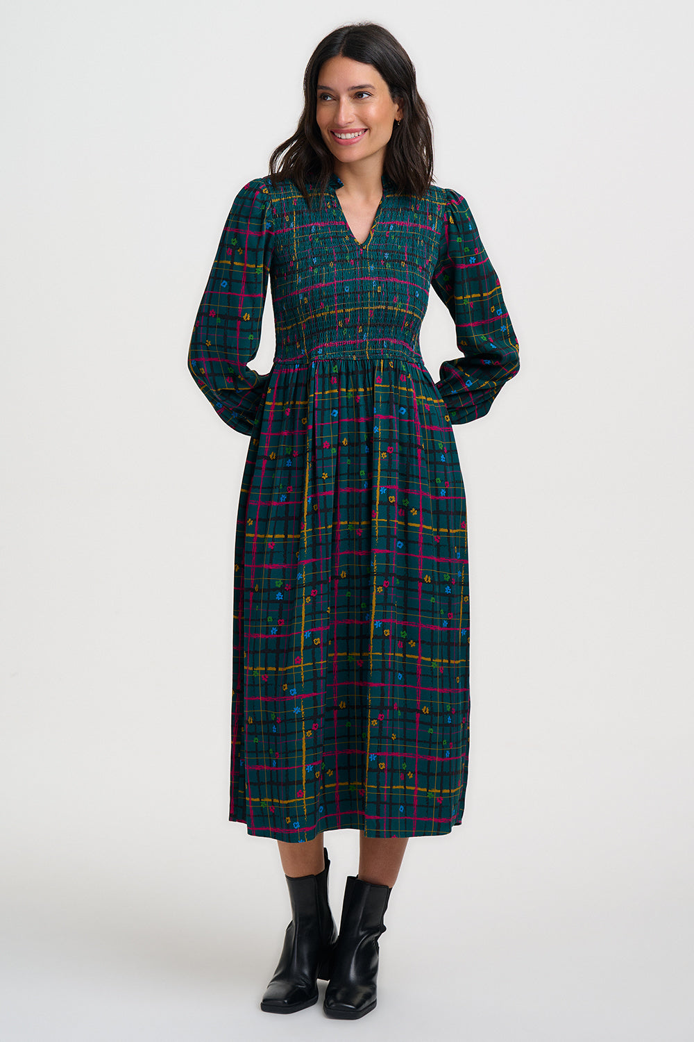 Annalee Shirred Midi Dress - Teal Green, Doodle Check