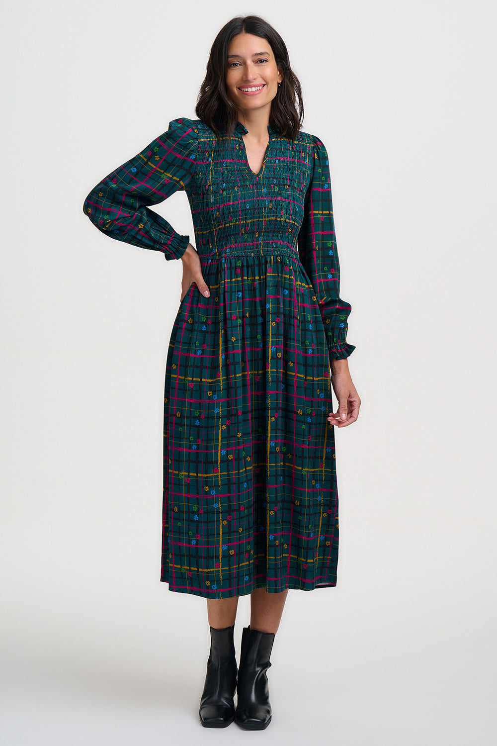 Annalee Shirred Midi Dress - Teal Green, Doodle Check