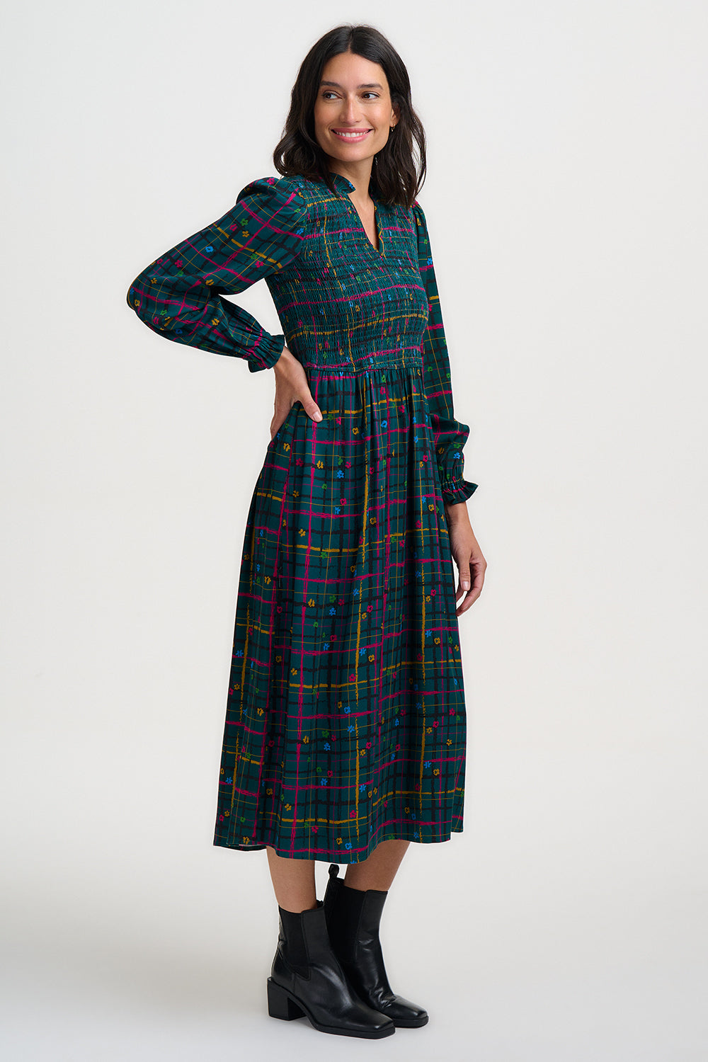 Annalee Shirred Midi Dress - Teal Green, Doodle Check
