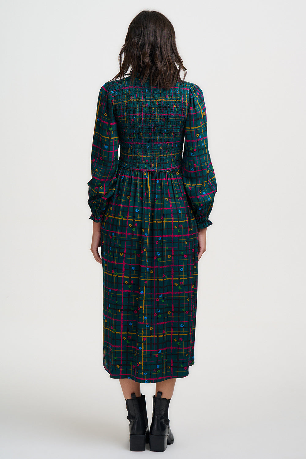 Annalee Shirred Midi Dress - Teal Green, Doodle Check